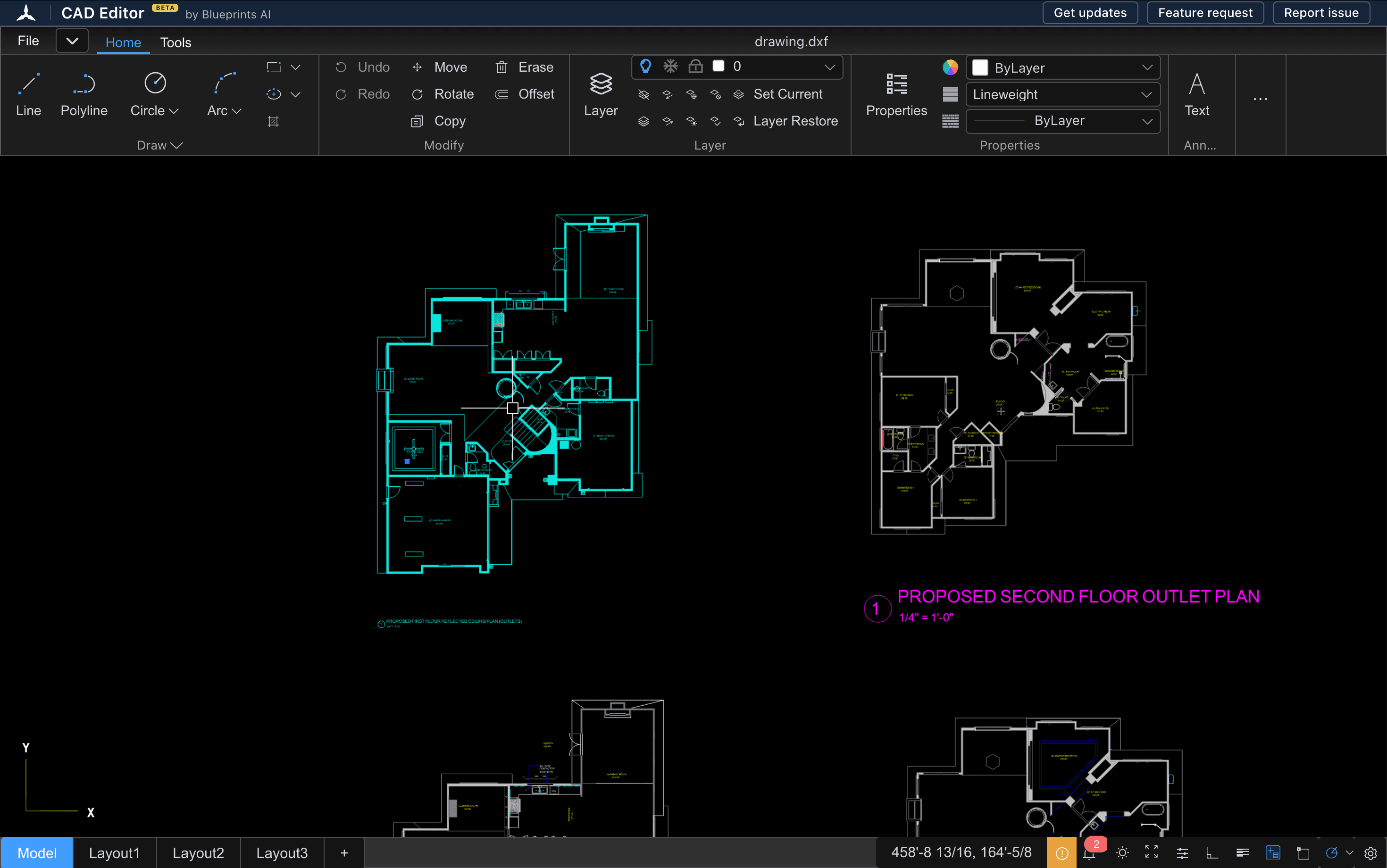 The CAD Editor workspace with floor plans open in a browser, no install needed